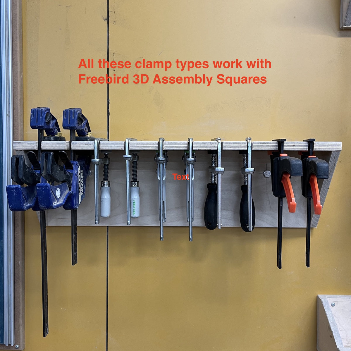 A rack of different rail clamps that all work with the 3D Assembly Square