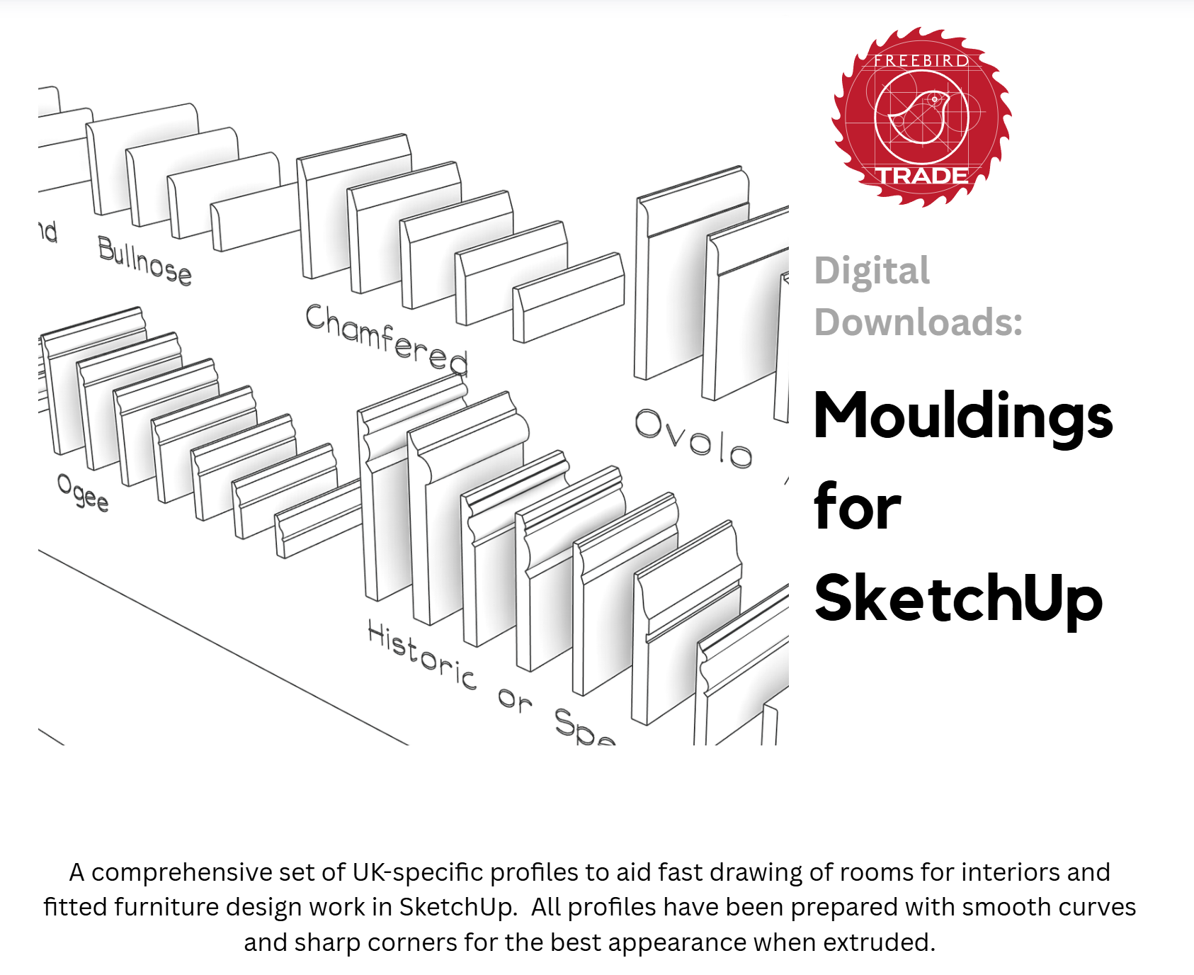 Digital download flyer for SketchUp moldings with a brand logo on a white background.
